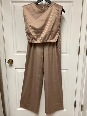 Petal + Pup Mable Elia Crop Top and Palazzo Satin Pantsuit in Mocha